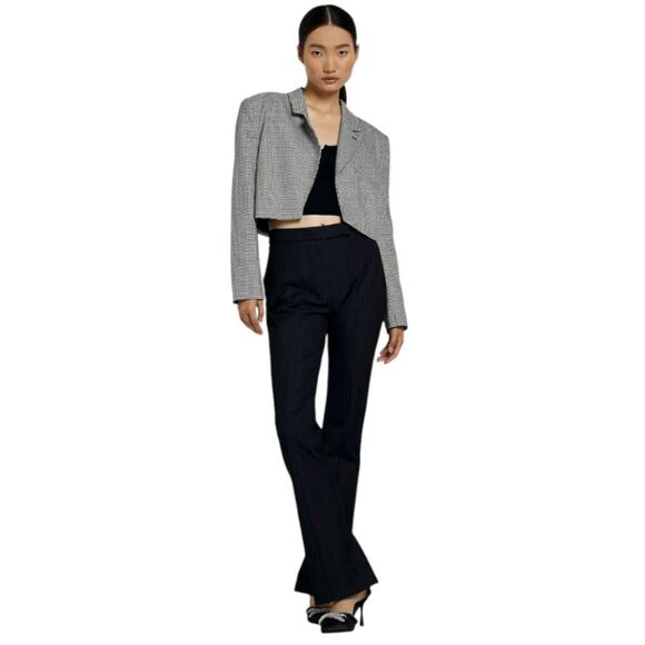 River Island Houndstooth Check Cropped Ioen Front Blazer Size 8 - Picture 3 of 7